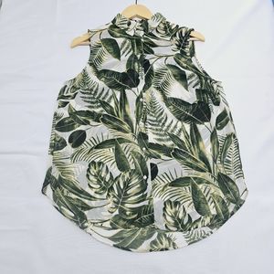 H&M Womens Size 8 Green Tropical Palm Leaf Sheer Sleeveless Button Up Blouse